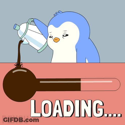 A Penguin Is Pouring Coffee Into A Thermometer Which Says Loading GIF