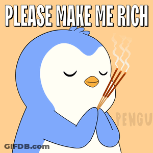 A Penguin Is Praying With Incense Sticks And The Words Please Make Me Rich Are Above It GIF