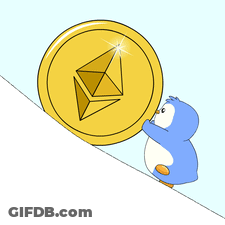 A Penguin Is Pushing A Large Coin Up A Hill GIF