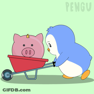A Penguin Is Pushing A Wheelbarrow With A Piggy Bank Inside Of It GIF