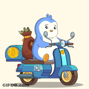 A Penguin Is Riding A Blue Scooter With A Bag Of Money On Its Back GIF