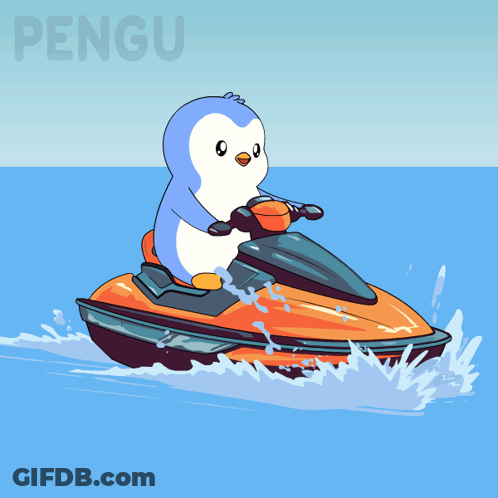 A Penguin Is Riding A Jet Ski In The Ocean With Pengu Written On The Bottom GIF