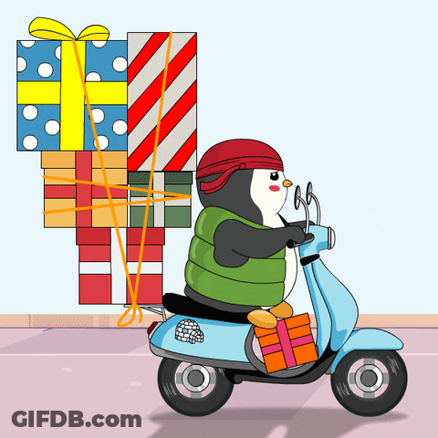 Penguin Riding Scooter With Gifts GIF