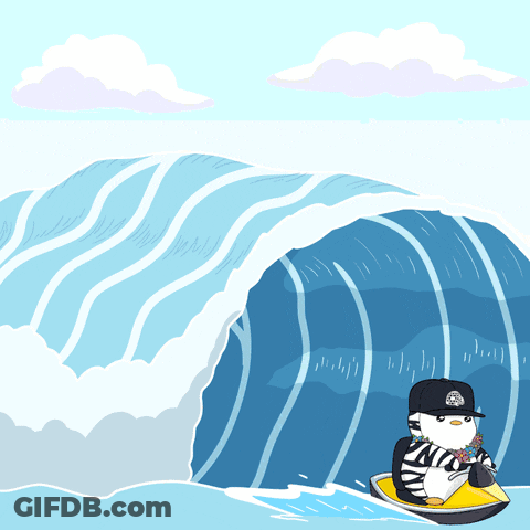 A Penguin Is Riding A Wave On A Surfboard GIF