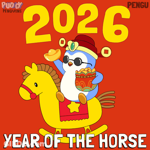 A Penguin Is Riding A Yellow Rocking Horse With The Year Of The Horse Written Below It GIF