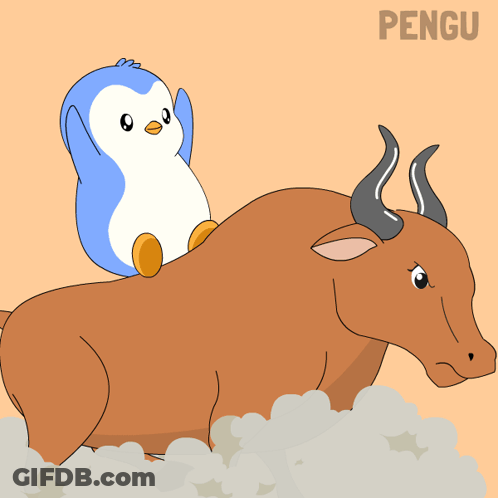 A Penguin Is Riding On The Back Of A Bull And The Word Pengu Is Above It GIF