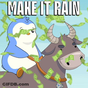 A Penguin Is Riding On The Back Of A Bull With The Words Make It Rain Behind Them GIF