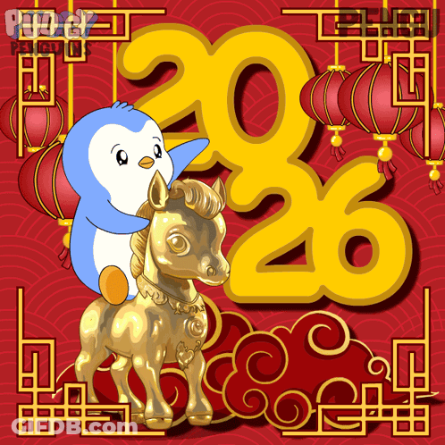 A Penguin Is Riding On The Back Of A Golden Horse In Front Of The Number 20 And 26 GIF