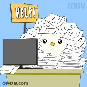 A Penguin Is Sitting At A Desk With A Sign That Says Help On It GIF