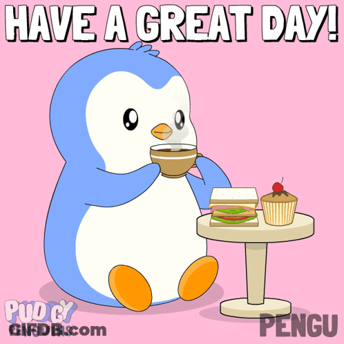 A Penguin Is Sitting At A Table Eating A Sandwich GIF