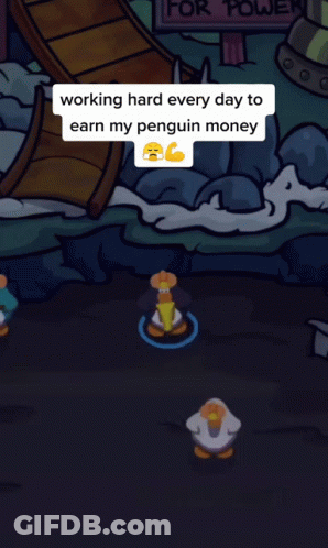 A Penguin Is Sitting At A Table In A Room With A Sign That Says Mullet GIF