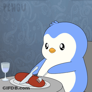 A Penguin Is Sitting At A Table With A Plate Of Food And A Glass Of Water GIF