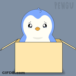 A Penguin Is Sitting In A Cardboard Box With The Word Pengu Written On The Bottom GIF