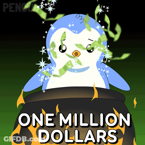 A Penguin Is Sitting In A Cauldron With One Million Dollars Written On It GIF