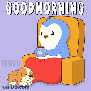 A Penguin Is Sitting In A Chair Drinking From A Mug And A Dog Is Sleeping Under The Penguin GIF
