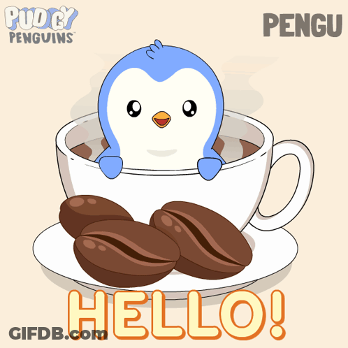 A Penguin Is Sitting In A Cup Of Coffee With The Words Hello Written Below It GIF
