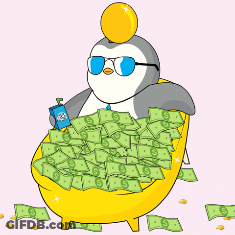 A Penguin Is Sitting In A Tub Filled With Money GIF