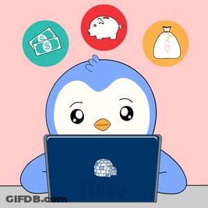 A Penguin Is Sitting In Front Of A Laptop With A Sticker That Says Penguin GIF