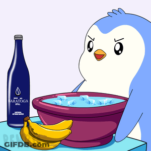 A Penguin Is Sitting Next To A Bottle Of Saratoga Still Water GIF