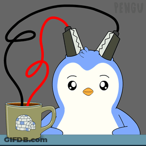 A Penguin Is Sitting Next To A Cup Of Coffee With Headphones On GIF