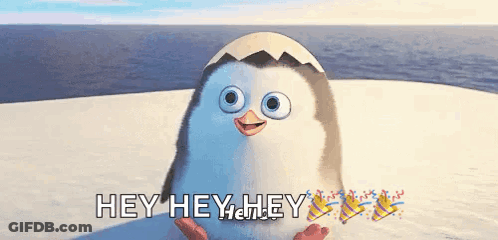 A Penguin Is Sitting On A Beach With The Words Hey Hey Hey Written Above It GIF