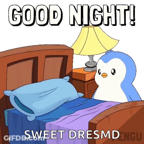 A Penguin Is Sitting On A Bed With The Words Good Night Sweet Dreamsmd On The Bottom GIF