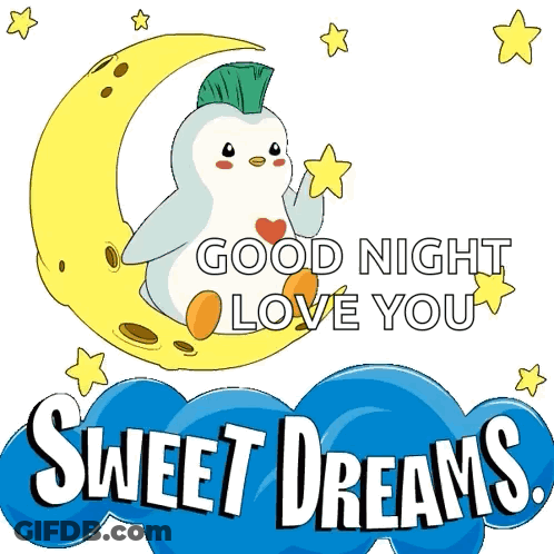 A Penguin Is Sitting On A Crescent Moon With The Words " Good Night Love You Sweet Dreams " Below It GIF