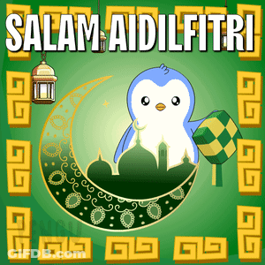 A Penguin Is Sitting On A Crescent Moon With The Words Salam Aidilfitri Written On The Bottom GIF