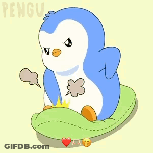 A Penguin Is Sitting On A Green Pillow With Smoke Coming Out Of It 'S Mouth GIF