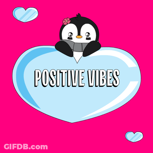 A Penguin Is Sitting On A Heart That Says " Positive Vibes " GIF