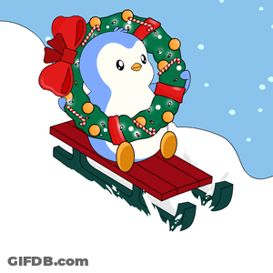 A Penguin Is Sitting On A Sled With A Christmas Wreath On It GIF
