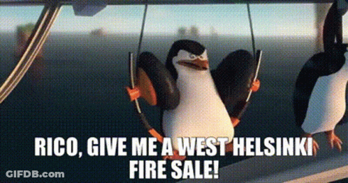 A Penguin Is Sitting On A Swing With The Words `` Rico , Give Me A West Helsinki Fire Sale ! '' Below It . GIF