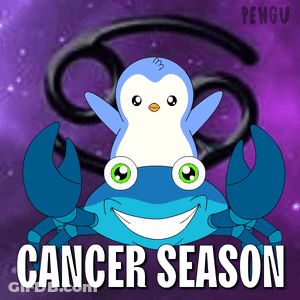 A Penguin Is Sitting On Top Of A Blue Crab With The Words Cancer Season Written Below It GIF