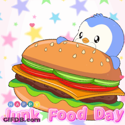 A Penguin Is Sitting On Top Of A Hamburger With The Words Happy Junk Food Day Below It GIF