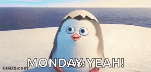 A Penguin Is Sitting On Top Of A Snow Covered Beach With The Words Monday Yeah Written Below It . GIF