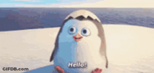 A Penguin Is Sitting On Top Of A Snow Covered Iceberg And Saying Hello . GIF