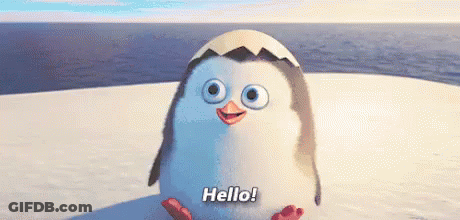 A Penguin Is Sitting On Top Of A Snow Covered Surface And Says Hello . GIF