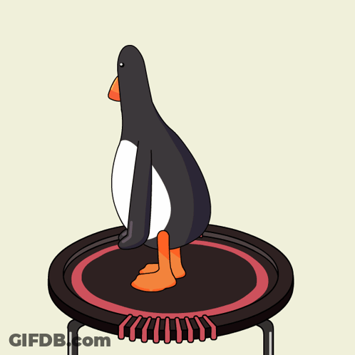 A Penguin Is Sitting On Top Of A Trampoline With Its Legs Crossed GIF