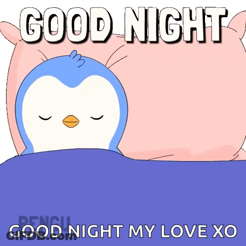 A Penguin Is Sleeping In A Bed With The Words " Good Night My Love Xo " Below It GIF