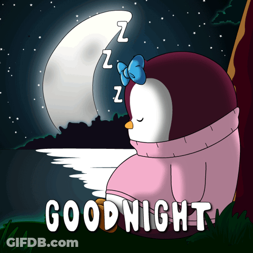 A Penguin Is Sleeping In Front Of A Full Moon With The Words Good Night Written Below It GIF
