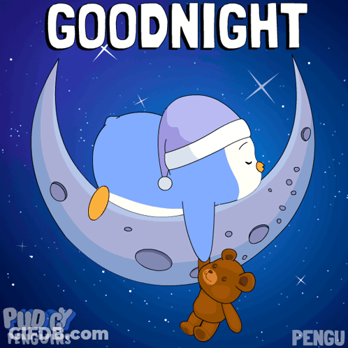 A Penguin Is Sleeping On A Crescent Moon With A Teddy Bear GIF
