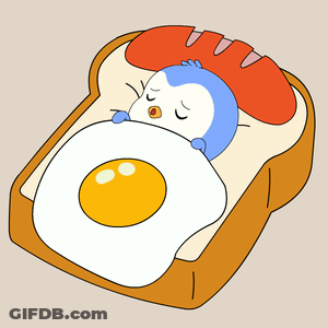 A Penguin Is Sleeping On A Piece Of Toast With An Egg And Sausage GIF