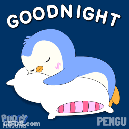 A Penguin Is Sleeping On A Pillow With The Words Goodnight Pengu Written Above It GIF