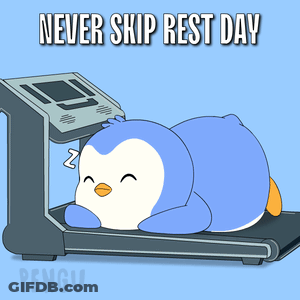 A Penguin Is Sleeping On A Treadmill With The Words " Never Skip Rest Day " Above It GIF