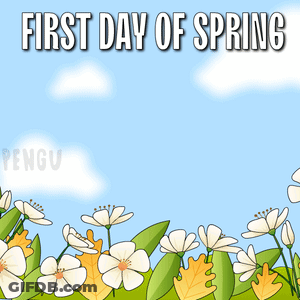 A Penguin Is Standing In A Field Of Flowers With The Words First Day Of Spring Written Above It GIF