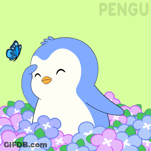 A Penguin Is Standing In A Pile Of Purple Flowers And A Butterfly Is Flying In The Background GIF