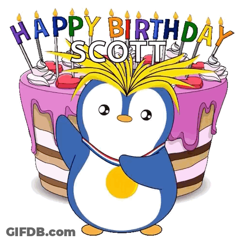 A Penguin Is Standing In Front Of A Birthday Cake With The Name Scott On It GIF