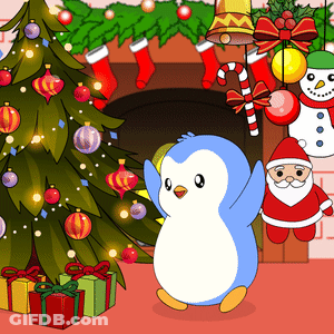 A Penguin Is Standing In Front Of A Christmas Tree And Santa Claus GIF