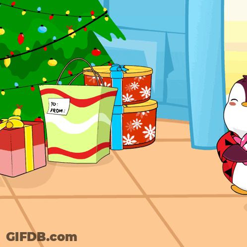 A Penguin Is Standing In Front Of A Christmas Tree With Gifts And A Bag That Says 10 From On It GIF