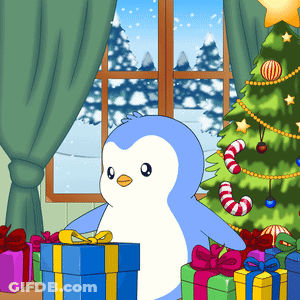A Penguin Is Standing In Front Of A Christmas Tree With Gifts GIF
